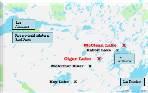 Figure 2.1 : Emplacement des mines et des usines de concentration d’uranium en Saskatchewan