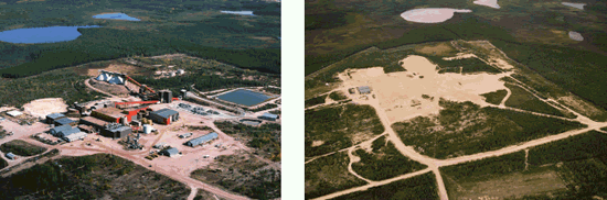 image: (a) Vue du secteur de l'usine pendant l'exploitation, (b) vue de la zone après le déclassement mais avant la reprise de la végétation