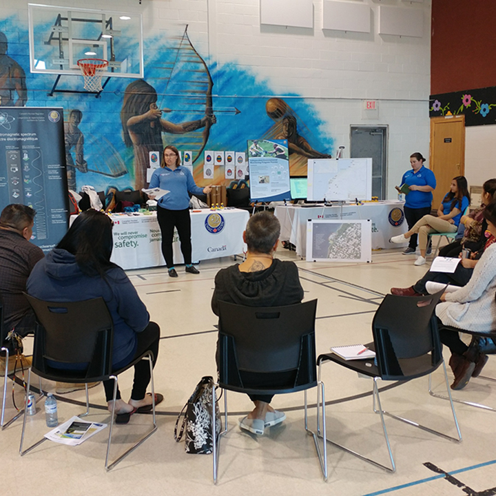 Sitting in a semicircle in a gymnasium, the audience listens to a CNSC
presenter who is standing in front of a table. The table has a variety of
signage and information on it.