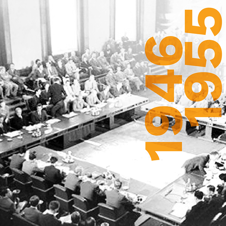 Marking the decade 1946 to 1955. Shot from above in a large meeting
room, a meeting is set up in a hollow-square format with several rows of
seating on all 4 sides. Every seat is occupied.
