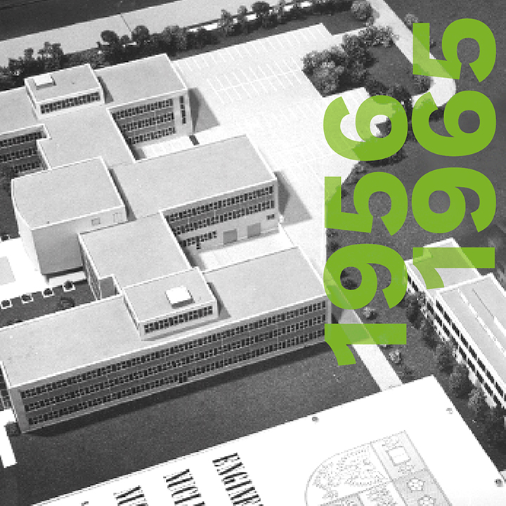 Marking the decade 1956 to 1965. Aerial shot of a model of a
university campus features several rectangular buildings and trees around
the perimeter. In the lower right corner, the university crest is visible.