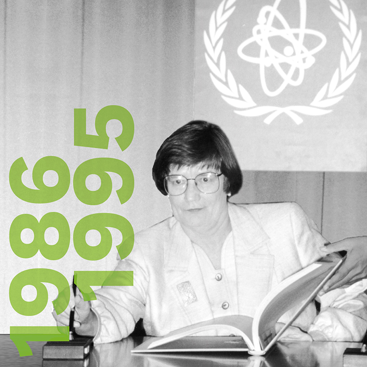 Marking
the decade 1986 to 1995. The Atomic Energy Control Board President is
seated at a desk and holds a fountain pen, ready to sign a document.