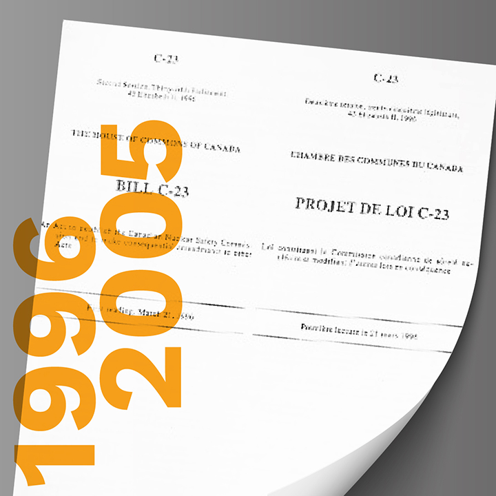 Rétrospective de 1996 à 2005. Page couverture du projet de loi C-23.
Le coin inférieur droit est soulevé comme si on tournait la page.