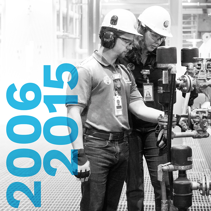 Marking
the decade 2006 to 2015. 2 employees in hard hats and ear protectors
examine a meter inside a nuclear facility 