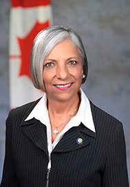 Headshot photo of CNSC President and CEO Rumina Velshi, with the Canadian flag in the background behind her right shoulder.