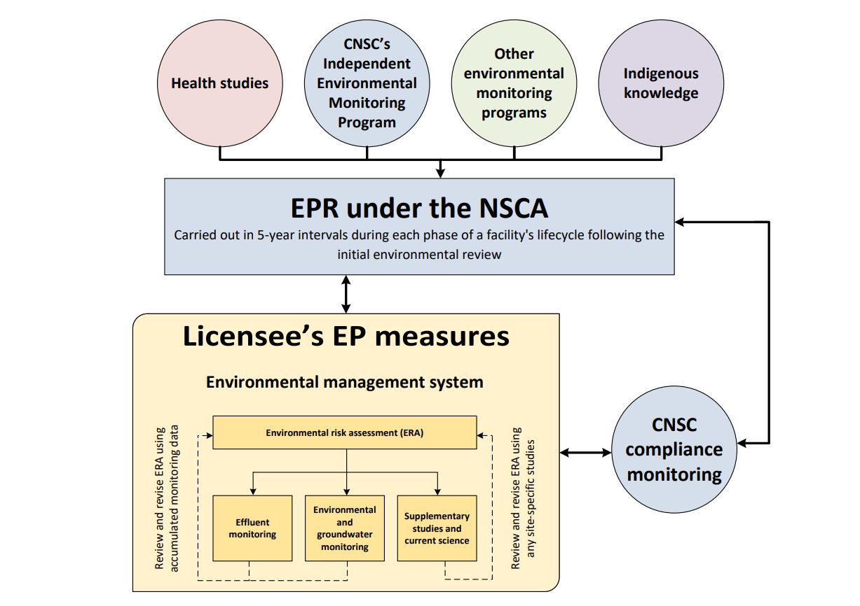 Overview of the interactions between the CNSC’s environmental protection review framework and the licensee’s environmental protection measures.