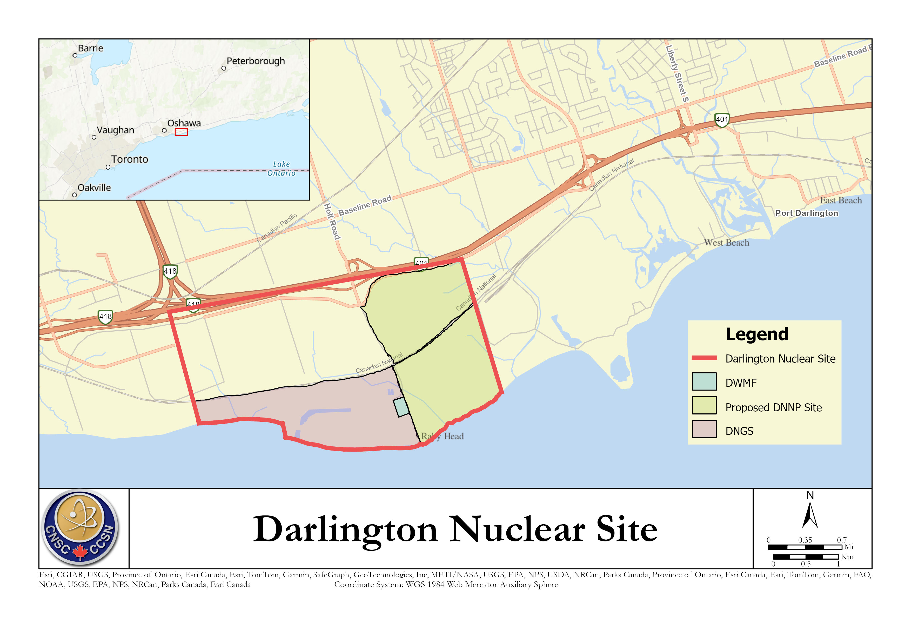 Aerial overview of the Darlington Nuclear Site, including the DNGS, DWMF and proposed DNNP Site.