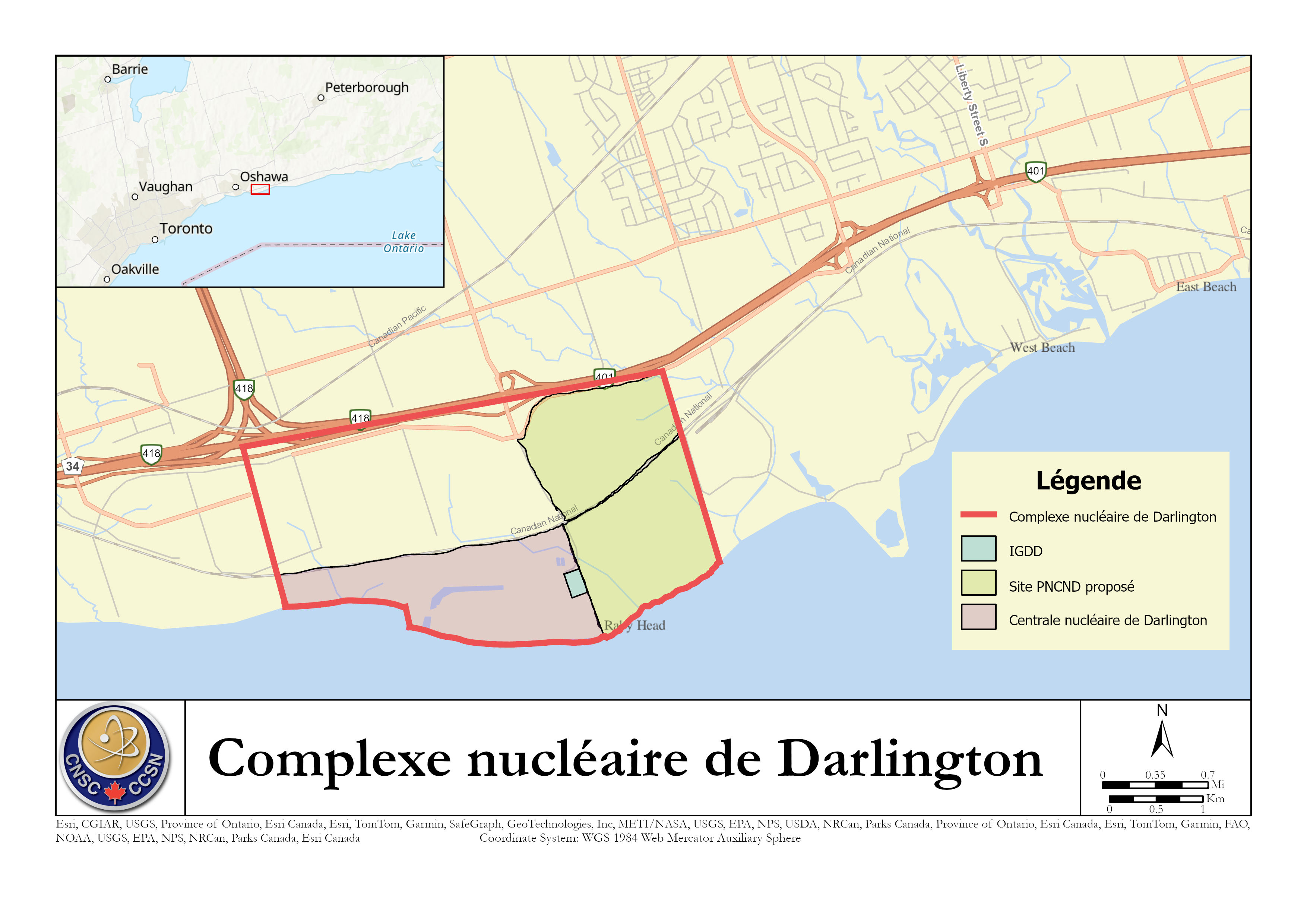 Vue aérienne de l’établissement du site DN avec la centrale nucléaire de Darlington, l’IGDD et la site PNCND proposé.