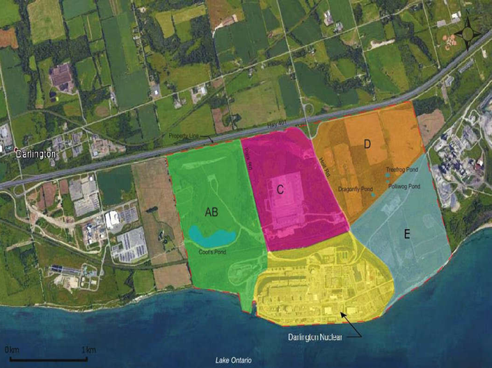 Vue aérienne des zones d'évaluation des risques écologiques du site DN.