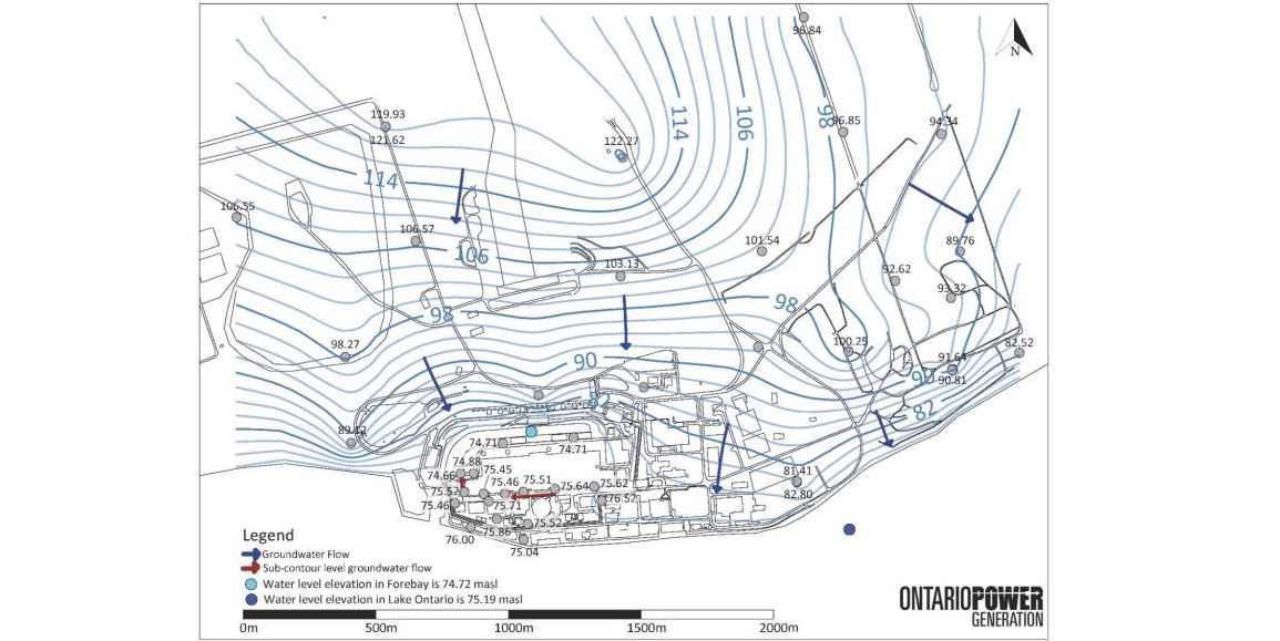 Courbe d’élévation des eaux souterraines et écoulement inféré dans la zone de l’installation de gestion des résidus en surface de l’établissement du site DN.