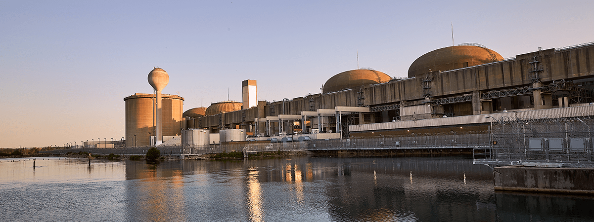 View of the Pickering Nuclear Generating Station located beside Lake Ontario