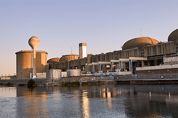 View of the Pickering Nuclear Generating Station located beside Lake Ontario.