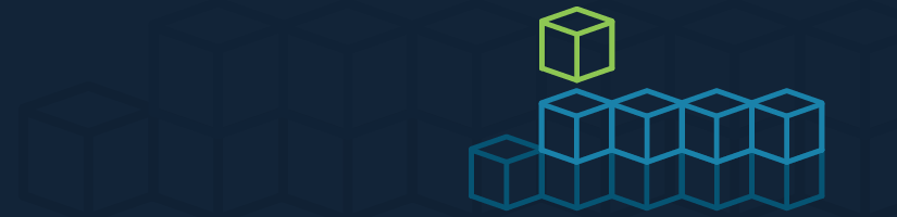 Several outlined cubes on a dark blue background. One green outlined cube is above two rows of blue outlined cubes.
