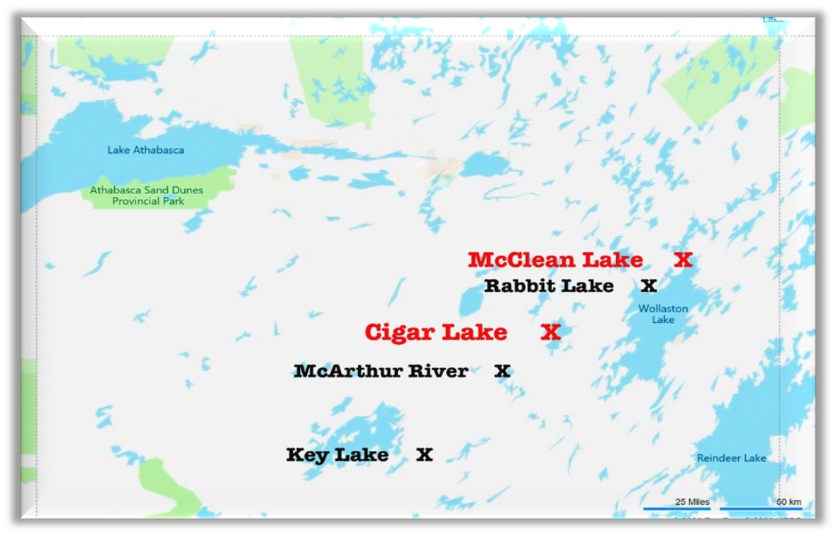 A map showing the location of the five active mine and mill sites in the Athabasca basin of northern Saskatchewan.