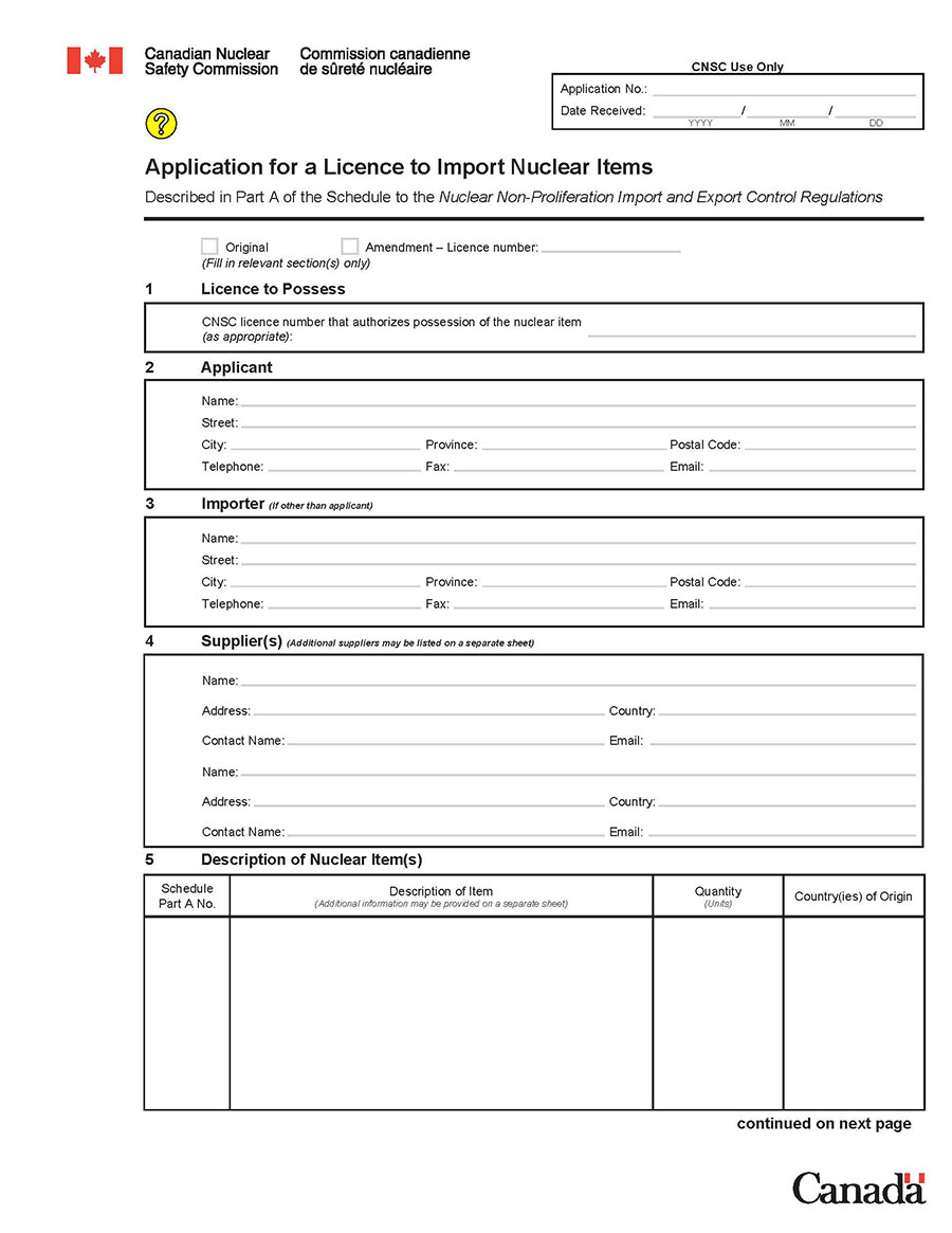 This image shows an application form for a licence to import nuclear items. The image is provided to give context to the explanatory text set out in the appendix. (Page 1)