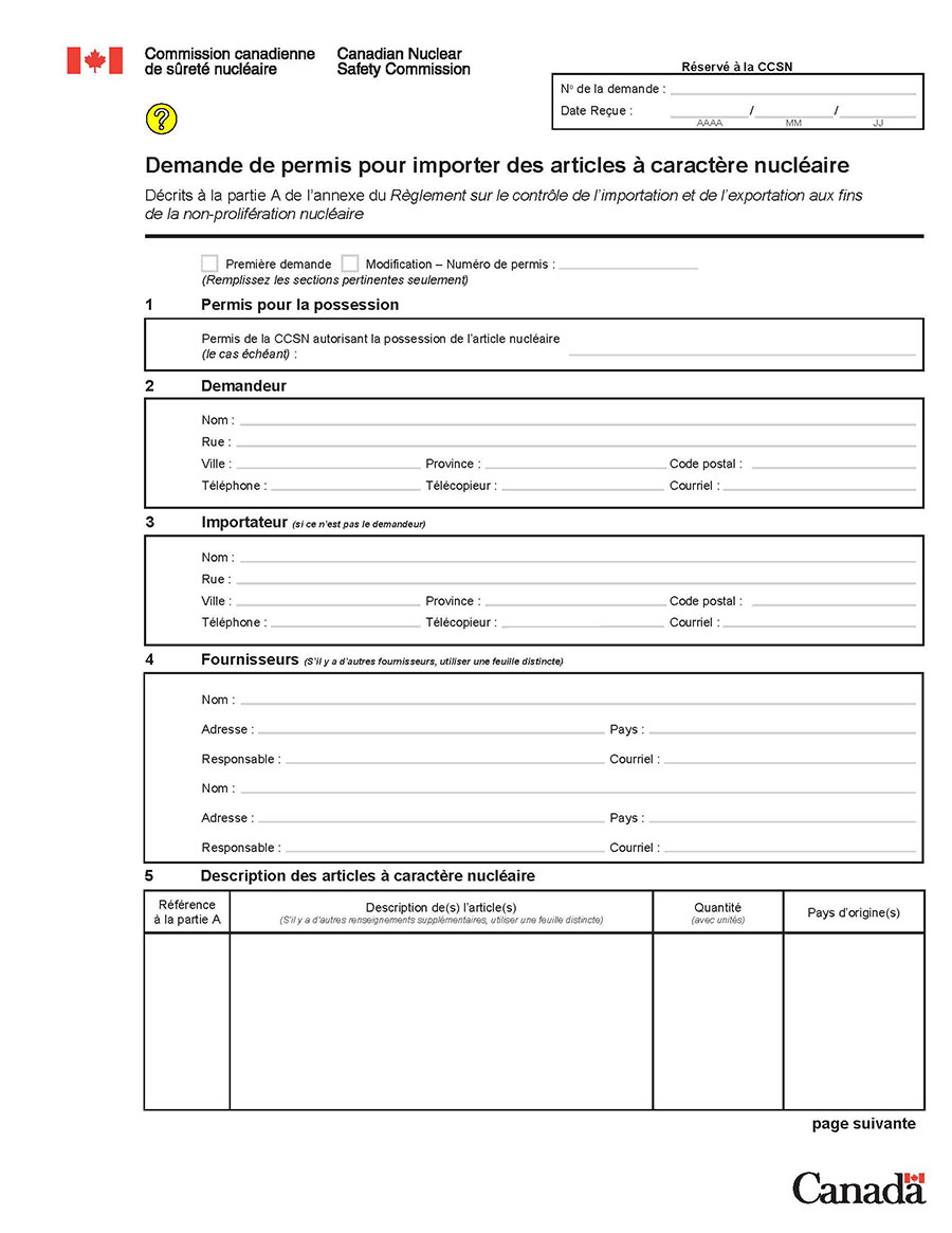Cette image montre un formulaire de demande de permis pour importer des articles à caractère nucléaire. Elle accompagne le texte explicatif en annexe. (page 1)