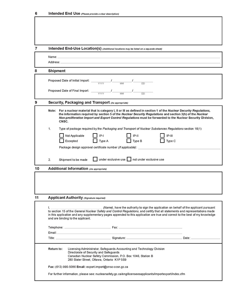 This image shows an application form for a licence to import nuclear items. The image is provided to give context to the explanatory text set out in the appendix. (Page 2)