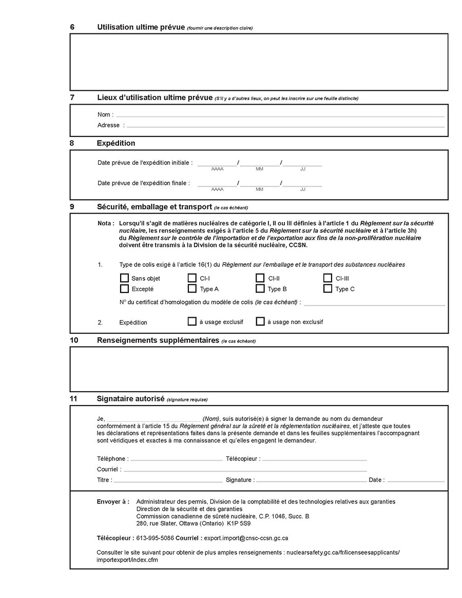 Cette image montre un formulaire de demande de permis pour importer des articles à caractère nucléaire. Elle accompagne le texte explicatif en annexe. (page 2)