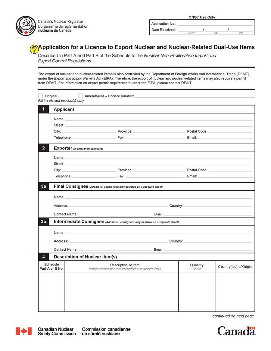 This image shows an application form for a licence to export nuclear items. The image is provided to give context to the explanatory text set out in the appendix. (Page 1)