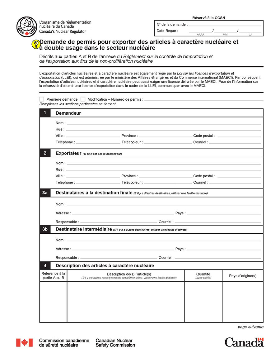 Cette image montre un formulaire de demande de permis pour exporter des articles à caractère nucléaire et à double usage dans le secteur nucléaire. Elle accompagne le texte explicatif en annexe. (page 1)