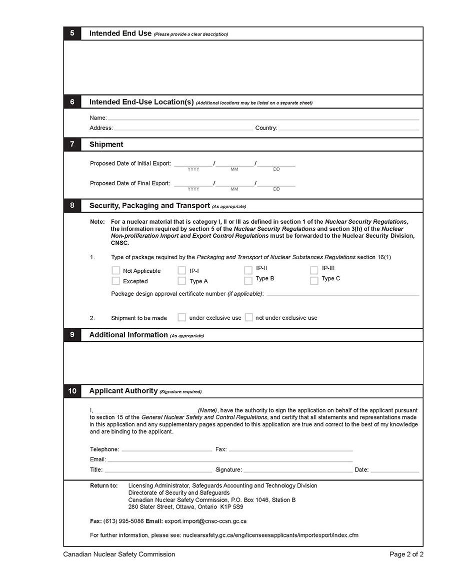 This image shows an application form for a licence to import nuclear items. The image is provided to give context to the explanatory text set out in the appendix. (Page 2)