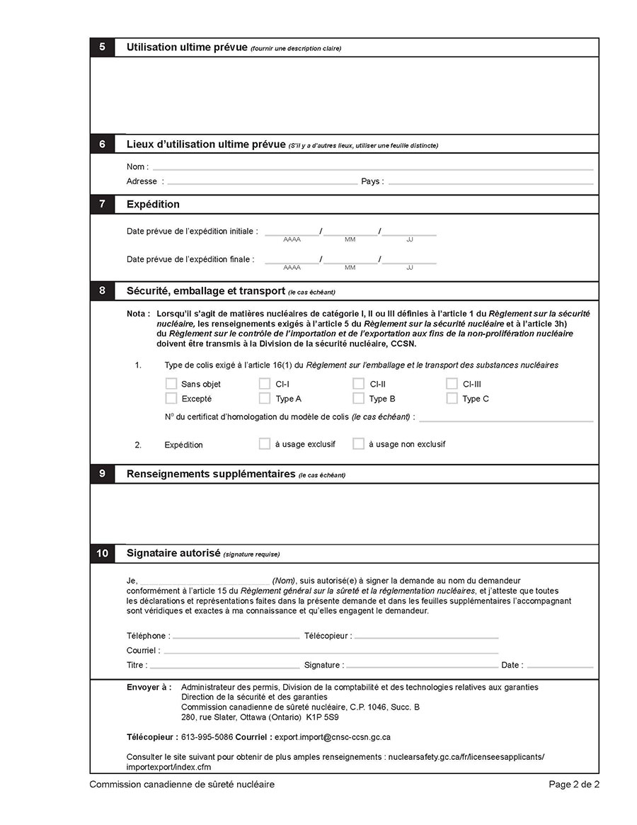 Cette image montre un formulaire de demande de permis pour exporter des articles à caractère nucléaire et à double usage dans le secteur nucléaire. Elle accompagne le texte explicatif en annexe. (page 2)