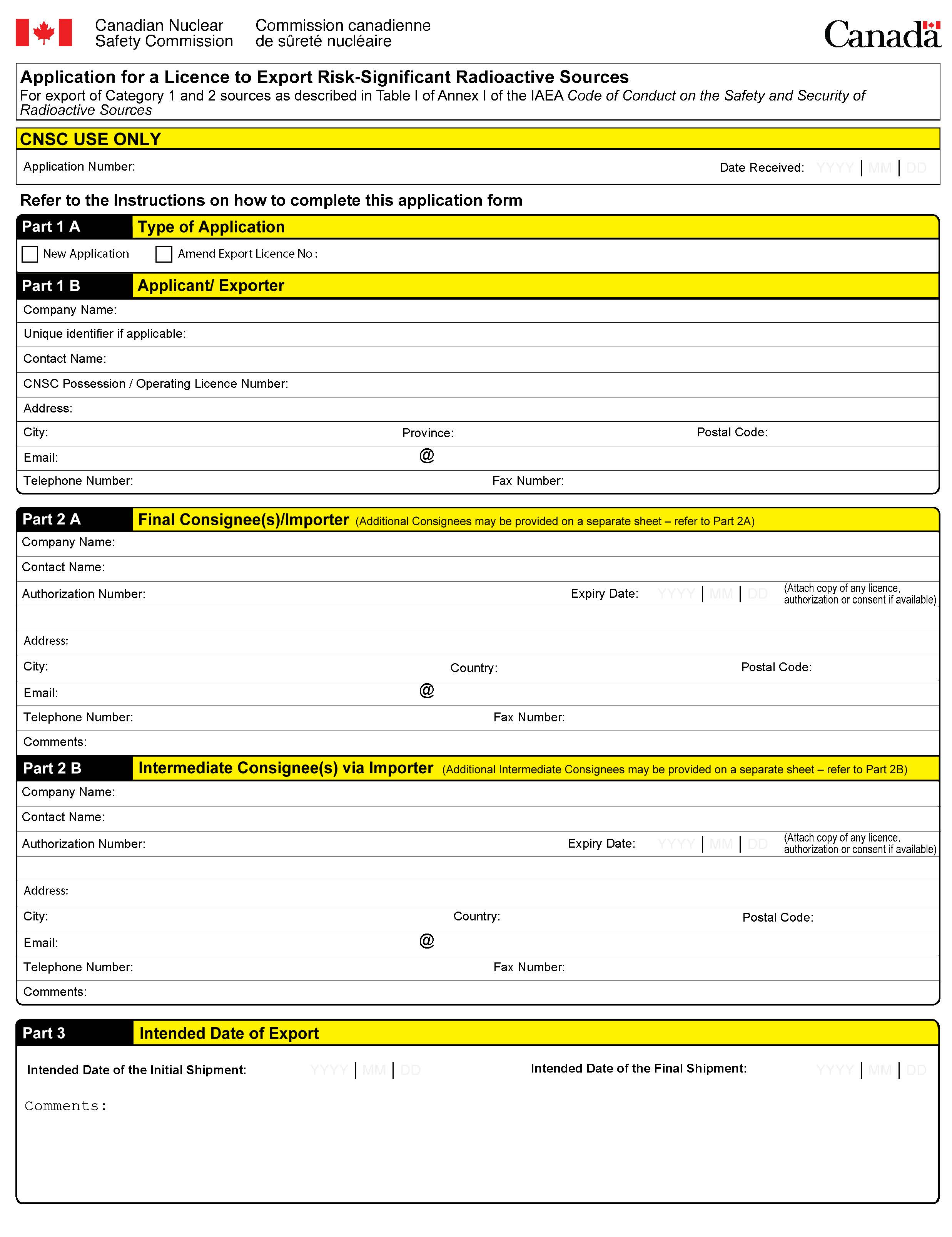 This image shows an application form for a licence to export risk-significant tadioactive sources. The image is provided to give context to the explanatory text set out in the appendix. (Page 1)