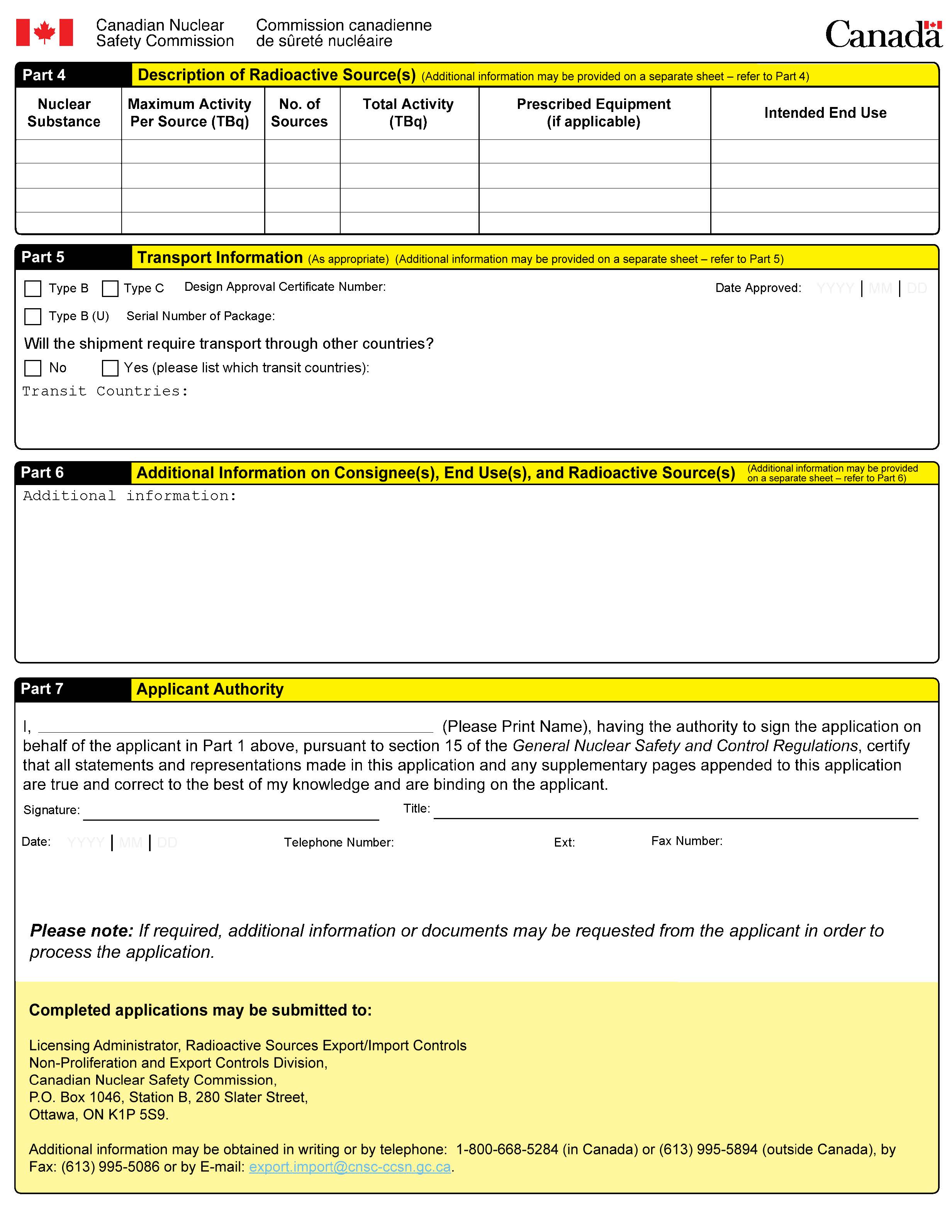 This image shows an application form for a licence to export risk-significant tadioactive sources. The image is provided to give context to the explanatory text set out in the appendix. (Page 2)