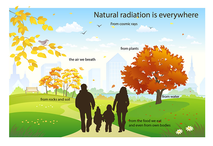 This image shows a family walking outside and examples of various sources of natural background radiation from air, plants, cosmic rays, rocks and soil, water, food, and from our own bodies.