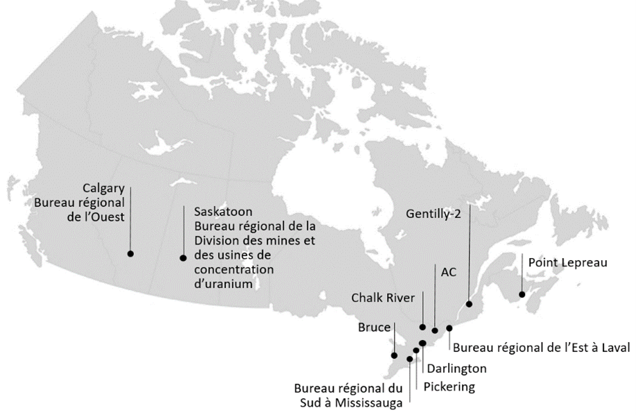Où nous travaillons : Calgary (Bureau régional de l’Ouest), Saskatoon (Bureau régional de la Division des mines et des usines de concentration d’uranium), Bureau régional du Sud à Mississauga, Bruce, Pickering, Darlington, Chalk River, Ottawa (l’administration centrale), Bureau régional de l’Est, Gentilly-2, Point Lepreau