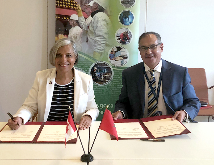 CNSC President Rumina Velshi (left) and Dr. Khammar Mrabit (right), Director General of the Moroccan Agency for Nuclear and Radiological Safety and Security