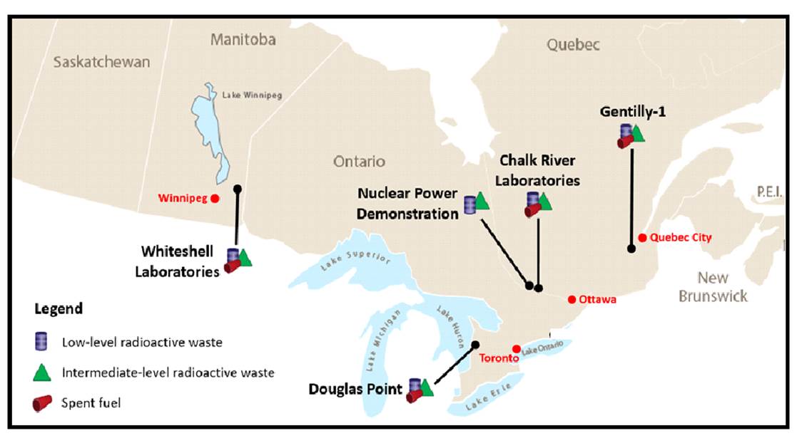 Map of the locations of the Canadian Nuclear Laboratories sites in Canada: Chalk River Laboratories; Whiteshell Laboratories;, Port Hope; Port Granby; Douglas Point; Gentilly-1 and Nuclear Power Demonstration.