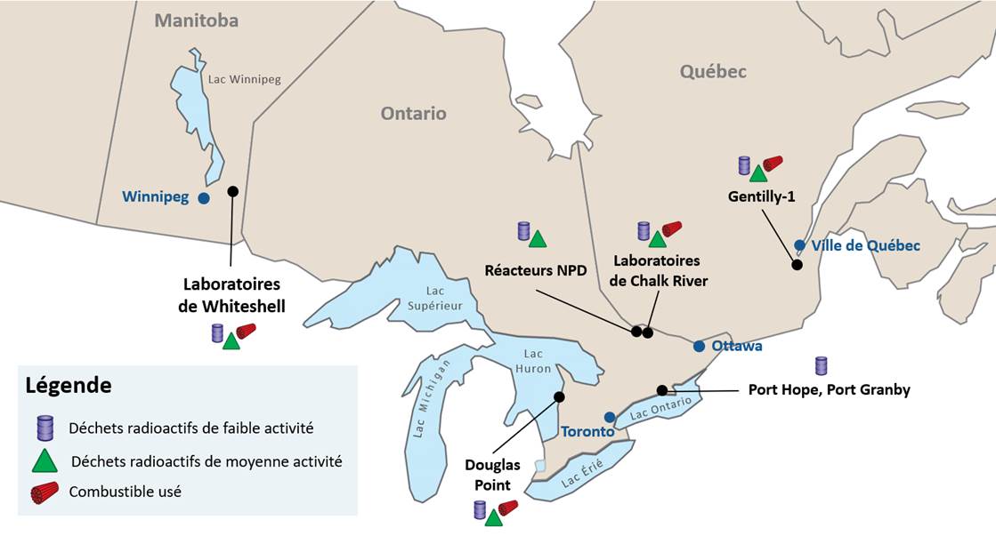 Carte indiquant l’emplacement des sites des Laboratoires Nucléaires Canadiens au Canada : Laboratoires de Chalk River; Laboratoires de Whiteshell; Port Hope; Port Granby; Douglas Point; Gentilly-1; réacteur nucléaire de démonstration.