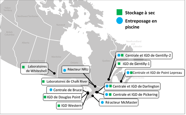 Carte du Canada identifiant les emplacements des installations de gestion du combustible usé