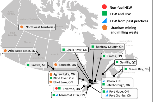 Map of Canada pinpointing the locations of facilities that manage non-spent fuel radioactive waste
