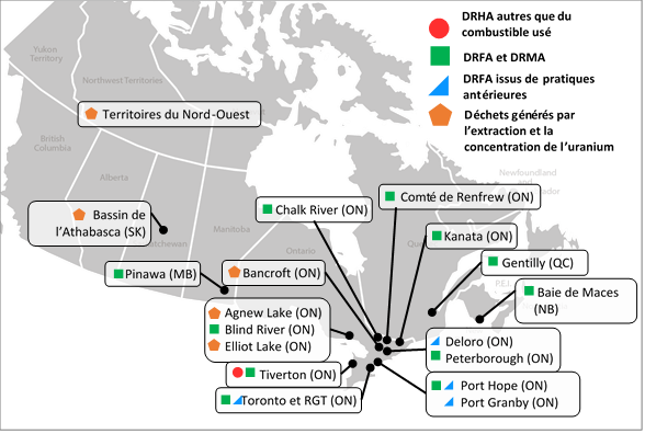 Carte du Canada identifiant les emplacements des installations de gestion des déchets radioactifs autres que le combustible usé