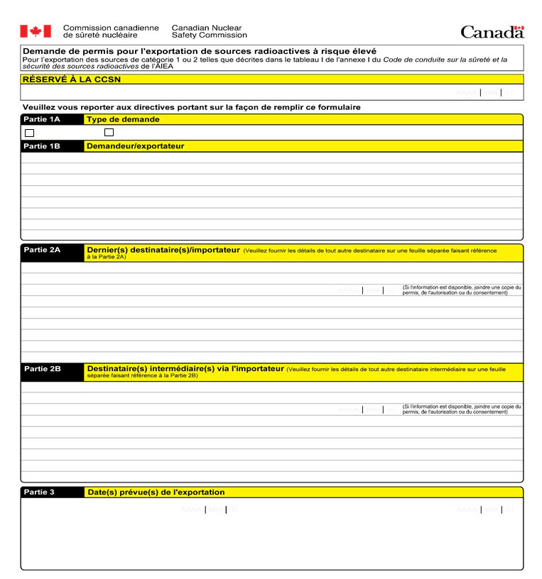 Cette image montre un formulaire de demande de permis visant l’exportation de sources radioactives à risque élevé. Elle accompagne le texte explicatif en annexe. (page 1)