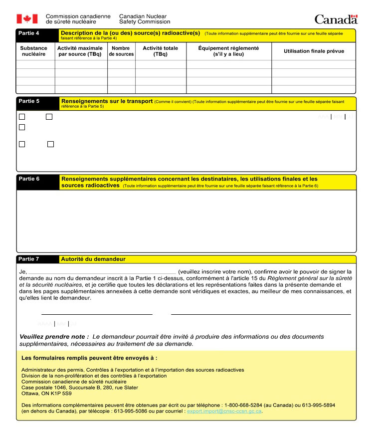 Cette image montre un formulaire de demande de permis visant l’exportation de sources radioactives à risque élevé. Elle accompagne le texte explicatif en annexe. (page 1)