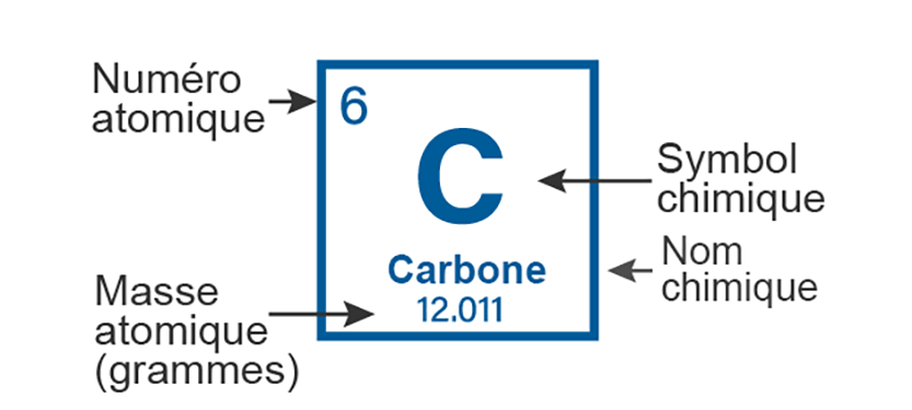 Cette image montre la manière dont un atome est décrit dans le tableau périodique. On prend comme exemple le carbone, pour lequel on indique le numéro atomique 6 dans le coin supérieur gauche, le symbole chimique « C » au centre, le nom chimique « Carbone » sous le symbole et la masse atomique de 12,011 g/mol.