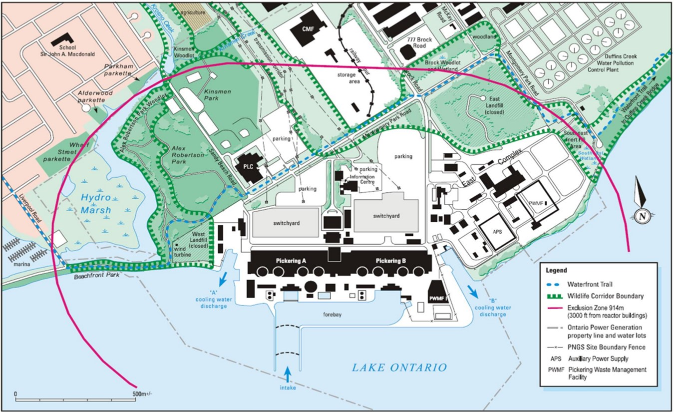 Aerial overview of the Pickering Nuclear Site (including Nuclear Generating Station and the waste management facility) located adjacent to Lake Ontario in Pickering, Ontario.