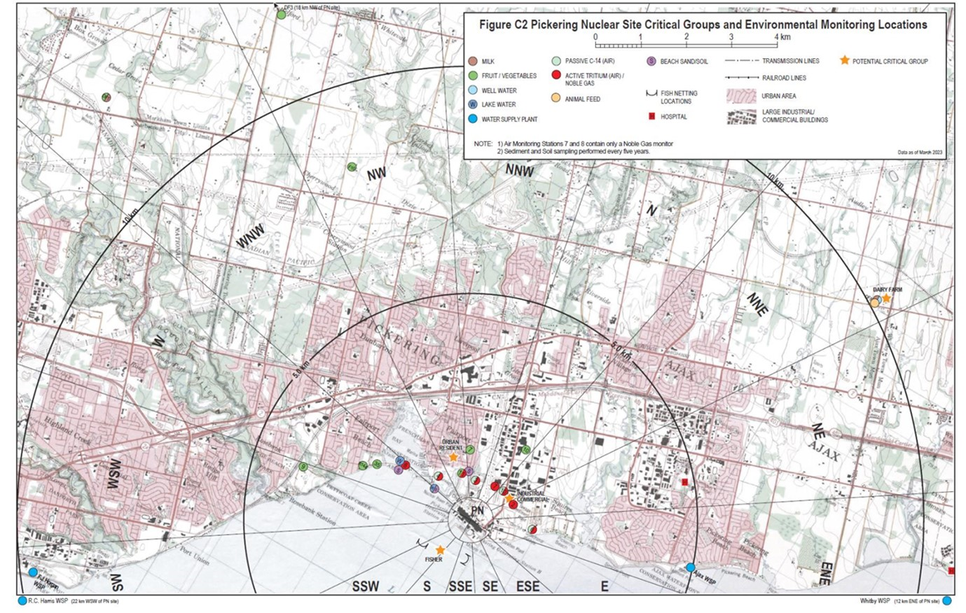 Lieux d’échantillonnage du programme de surveillance environnementale pour le complexe nucléaire de Pickering, y compris la surveillance de l’air, des fruits et légumes, des aliments pour animaux, des œufs et de la volaille, du lait, du sol et du sable, des eaux de surface, des eaux de puits, des eaux souterraines, des sédiments et des poissons.