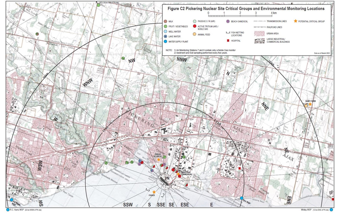Sampling locations for the Pickering Nuclear Site environmental monitoring program including air, fruit/vegetable, animal feed, eggs and poultry, milk, soil and sand, surface water, well water, groundwater, sediment and fish monitoring. 
