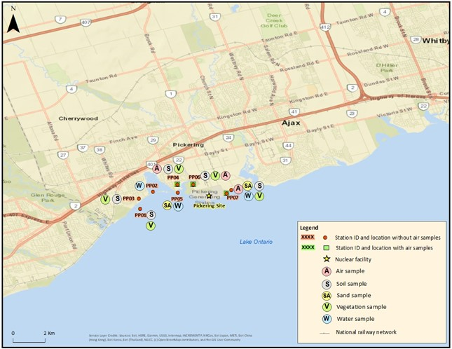 Aperçu des lieux d’échantillonnage pour la campagne d’échantillonnage du PISE de 2021 au complexe nucléaire de Pickering.