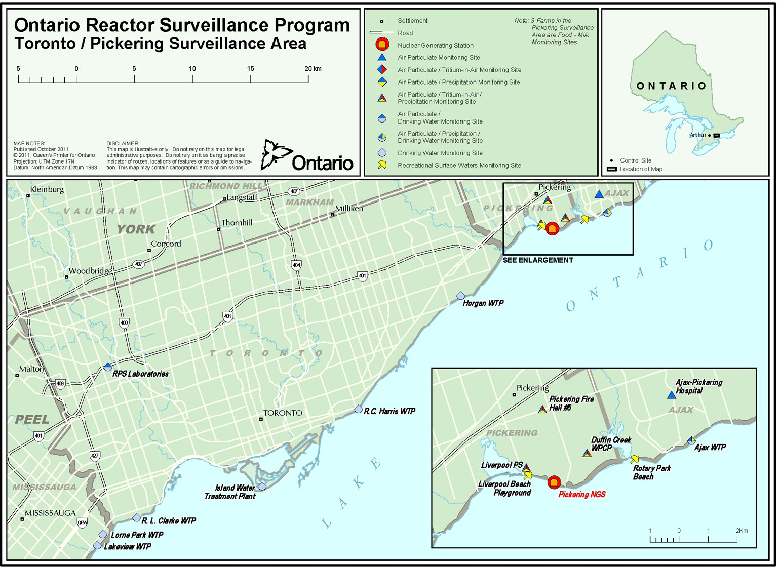 Inset map depicting the Toronto / Pickering Surveillance Area monitoring sites for air and drinking water from Ontario Reactor Surveillance Program.