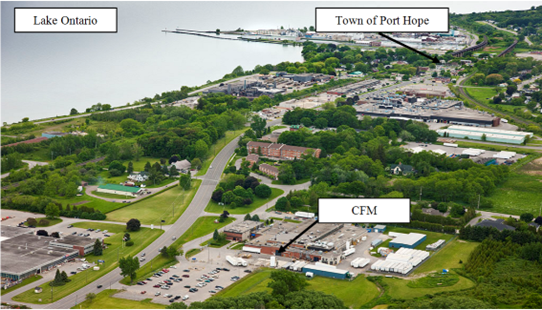 Photographie aérienne, avec des bulles de texte, qui montre l’emplacement de l’installation par rapport à la ville de Port Hope et au lac Ontario. L’installation comprend plusieurs bâtiments répartis d’un bout à l’autre du campus.