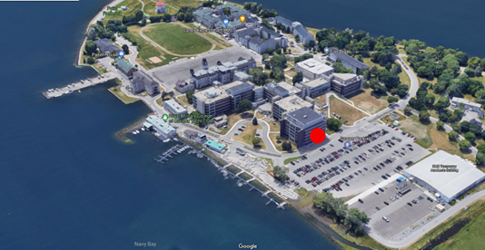 The facility is situated on a large campus with multiple buildings. Its exact location is indicated by a large dot.