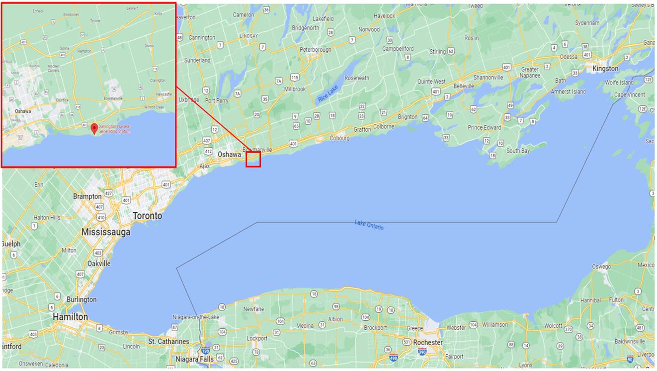 Inset map of the Darlington Waste Management Facility located on the northern shore of Lake Ontario in the Municipality of Clarington.