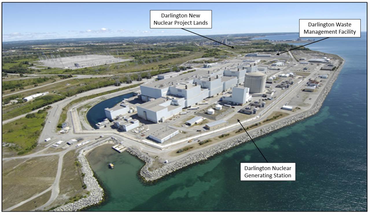 Aerial overview of the Darlington Nuclear site, including the generating station, the waste facility and the lands for the Darlington New Nuclear Project.