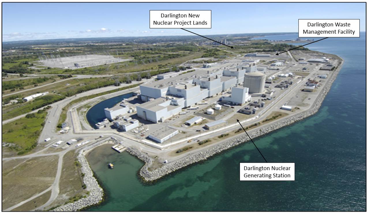 Aerial overview of the Darlington Nuclear site, including the generating station, the waste facility and the lands for the Darlington New Nuclear Project. 