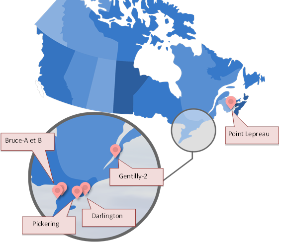Emplacements des centrales nucléaires au Canada